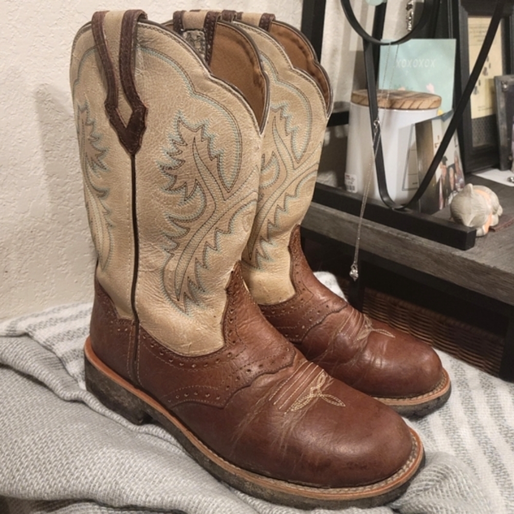 Ariat Fatbaby Boot 7 Cream Teal Stitching Brown Round Toe Heritage Nice Cond - Picture 6 of 8